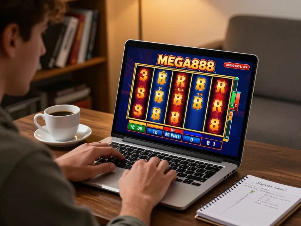 Player enjoying MEGA888 slots on laptop, highlighting online gaming strategy and cozy atmosphere.
