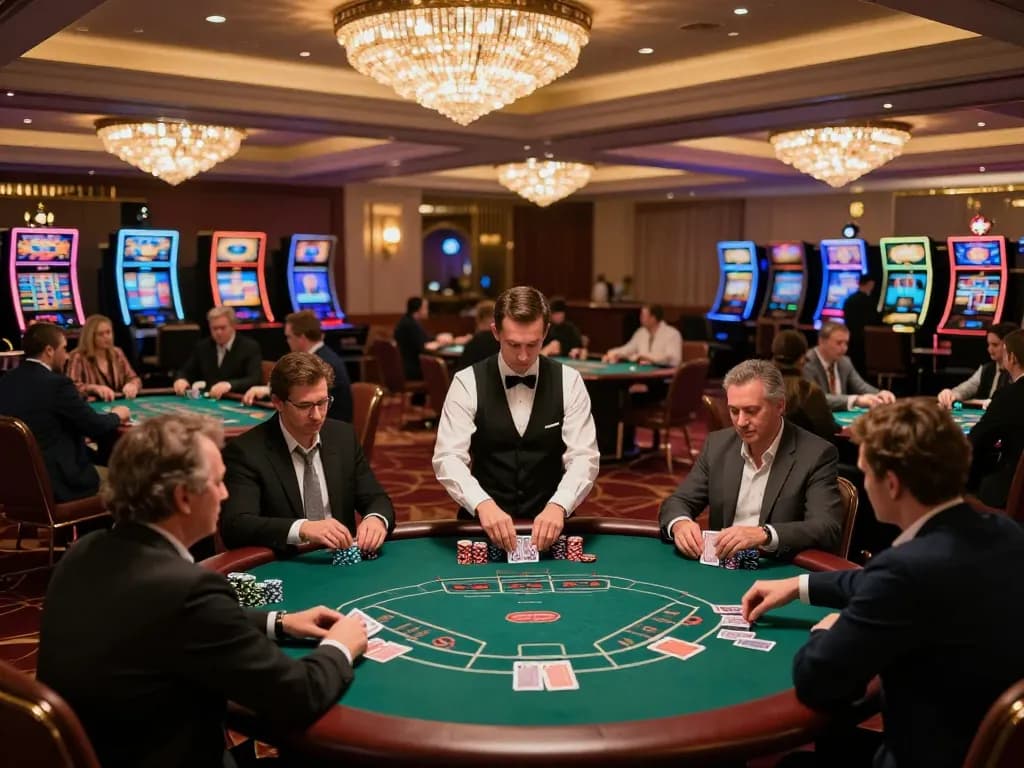 The nhacaiuytinn casino scene captures players in action at a vibrant poker table, showcasing excitement and strategy in an upscale gaming environment.