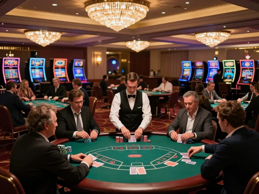 The nhacaiuytinn casino scene captures players in action at a vibrant poker table, showcasing excitement and strategy in an upscale gaming environment.