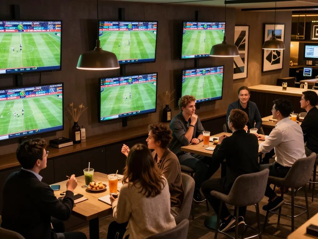 keonhacai sports bettors analyzing odds and engaging at upscale lounge tables