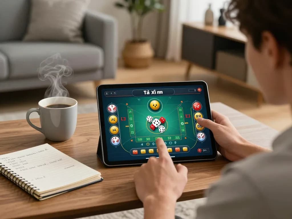 Tài xỉu online gameplay displayed on tablet in a cozy home setup, showcasing betting options and excitement.