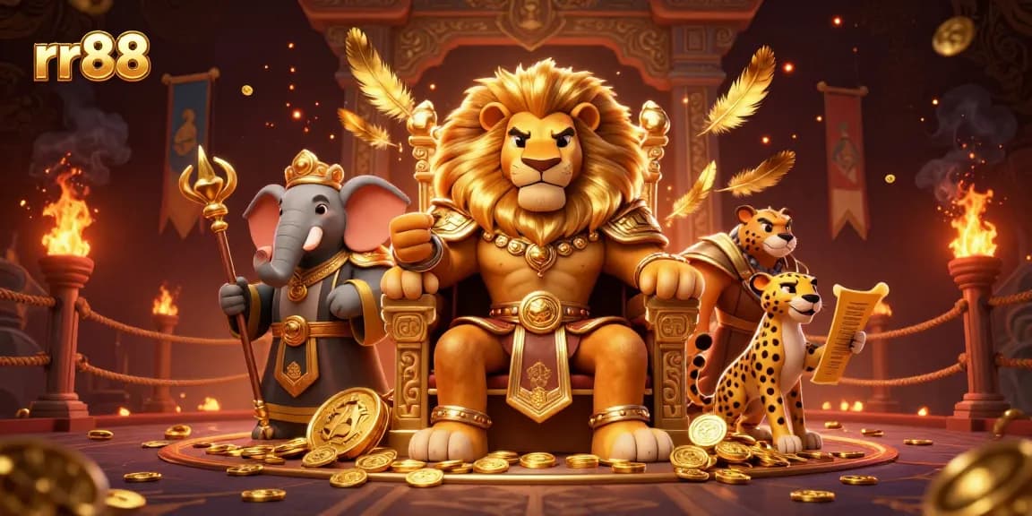 rr88 players revel in a dynamic casino scene with a lion king, elephant advisor, and cheetah messenger.