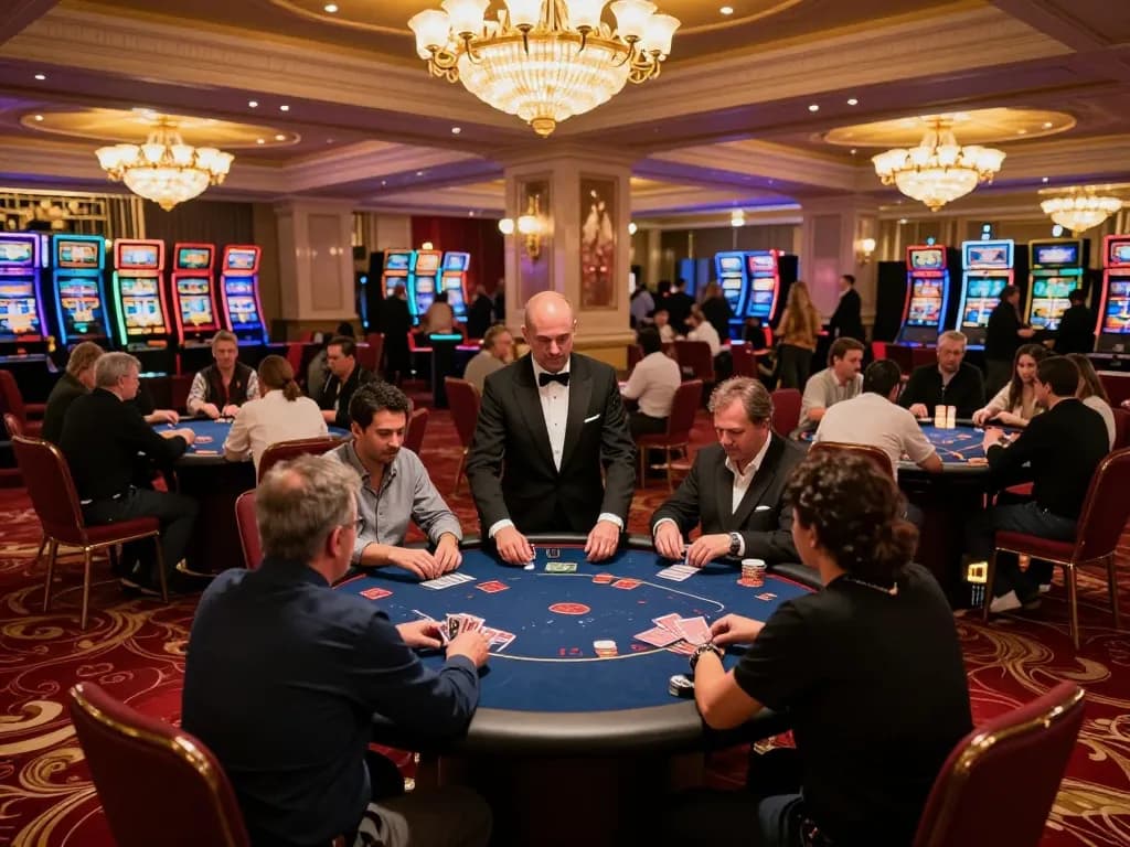 Players enjoying poker at 58win, surrounded by an elegant casino ambiance and vibrant lighting.