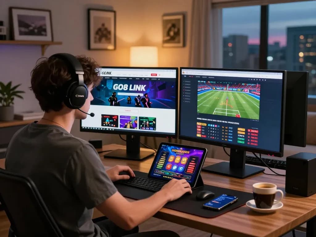Engaged user at desk exploring the GO8 LINK interface with multiple screens showcasing online gambling.