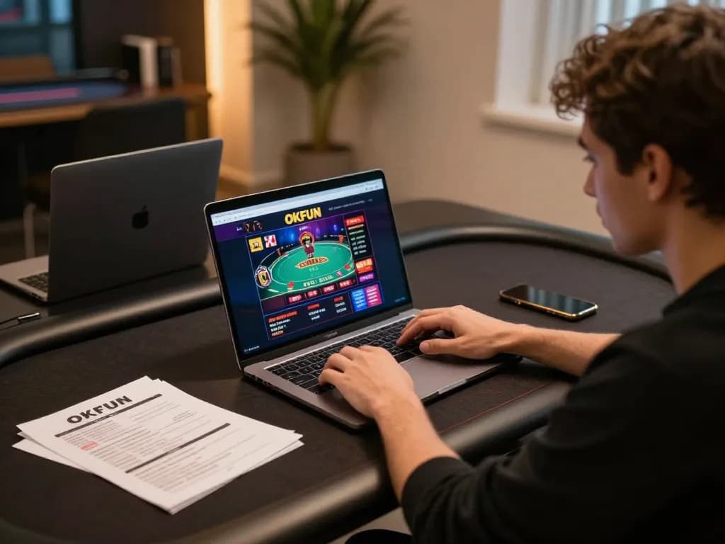 Player engaging with the OKFUN online casino platform at a stylish home setup.