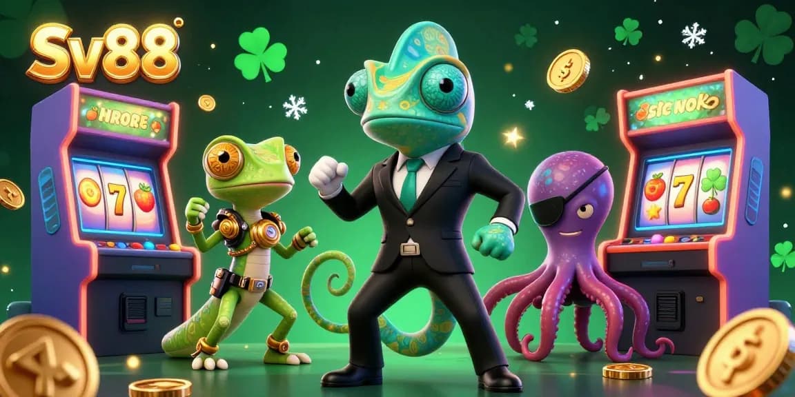 Engage with Sv88 in a vibrant casino scene featuring a secret agent chameleon and a tech genius gecko amid colorful slot machines and dynamic game elements.