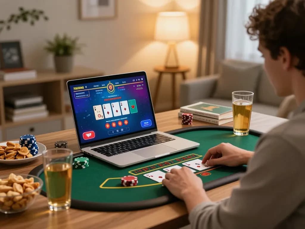 Luck8 player enjoying a live dealer game at home, embodying an engaging online gambling experience.