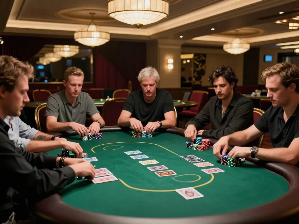 Engaged players strategizing at a poker table in a high-end casino setting, showcasing Go8's premium gambling experience