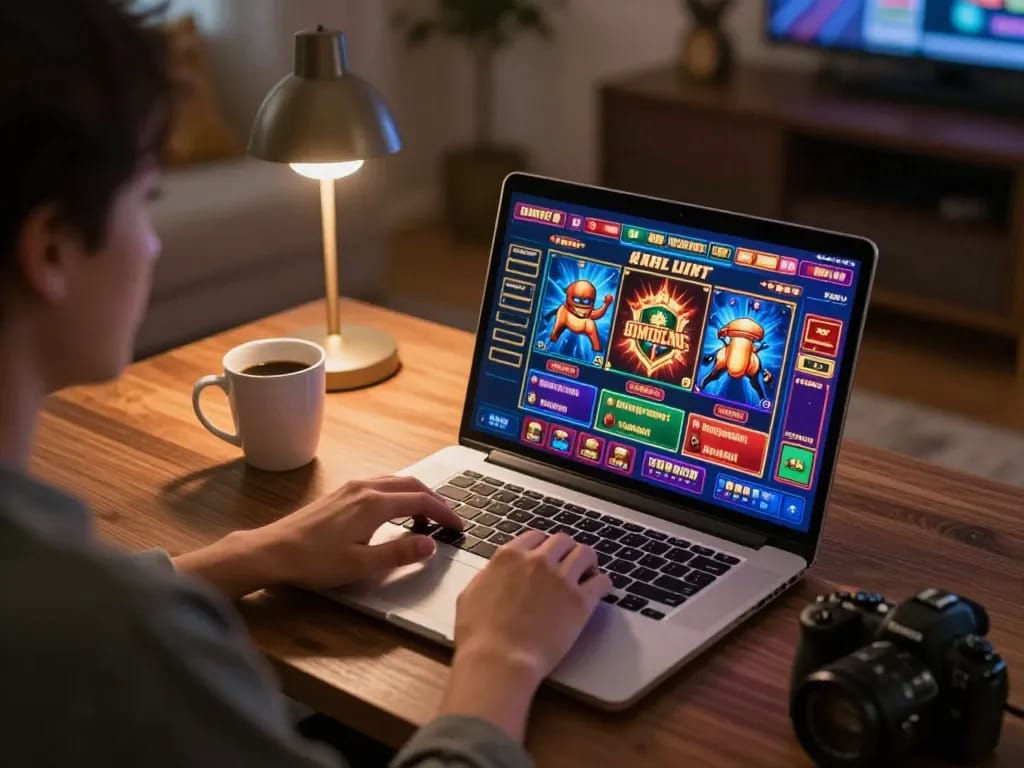 Engaging with online casino games at home via https://kjc365.com/, featuring a vibrant gaming setup and a cozy atmosphere.