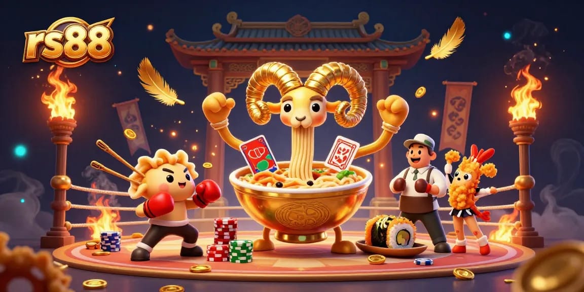 Experience thrilling gameplay at rs88 with a vibrant scene of a golden ramen casino character amidst dramatic gaming elements.