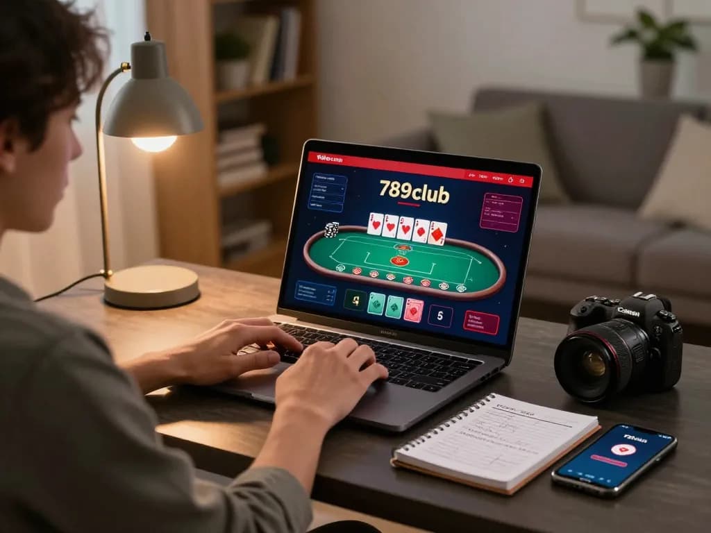 Player engaging with poker game on 789club platform at home, showcasing controlled excitement and strategic gaming.