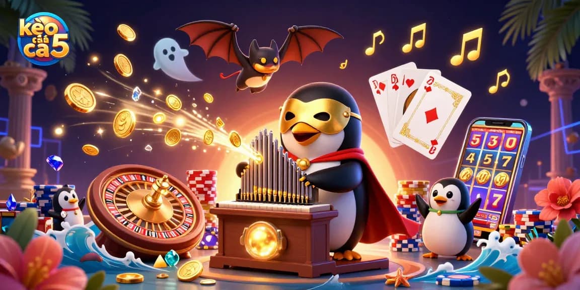 Engage in fun with kèo nhà cái 5 featuring vibrant 3D casino scene filled with coins and characters.