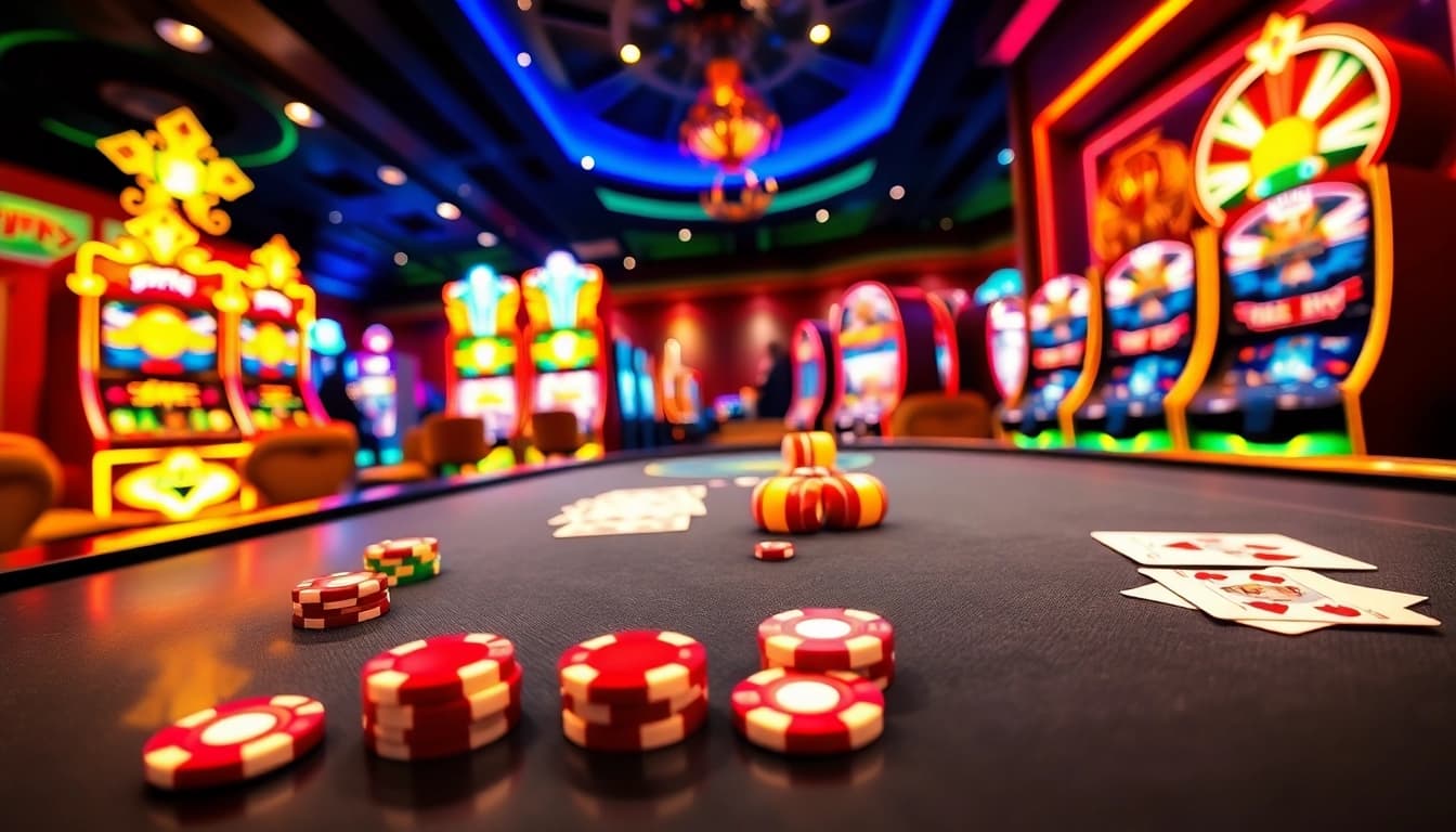 Players enjoying the exciting casino experience at https://xx88.day/ with vibrant poker chips and illuminating slot machines.