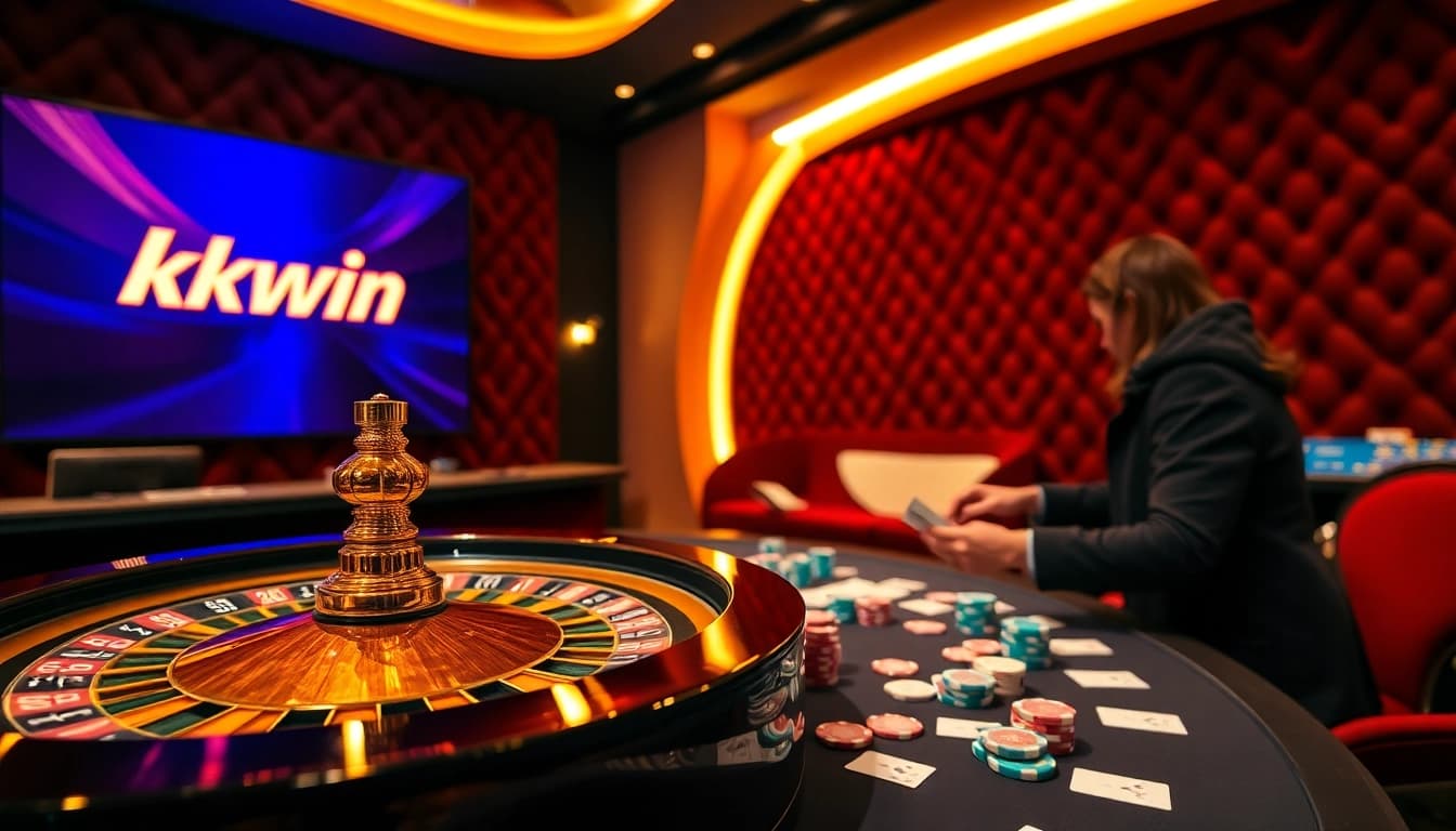 Kkwin showcases a vibrant casino scene with poker chips and roulette, illustrating digital excitement.