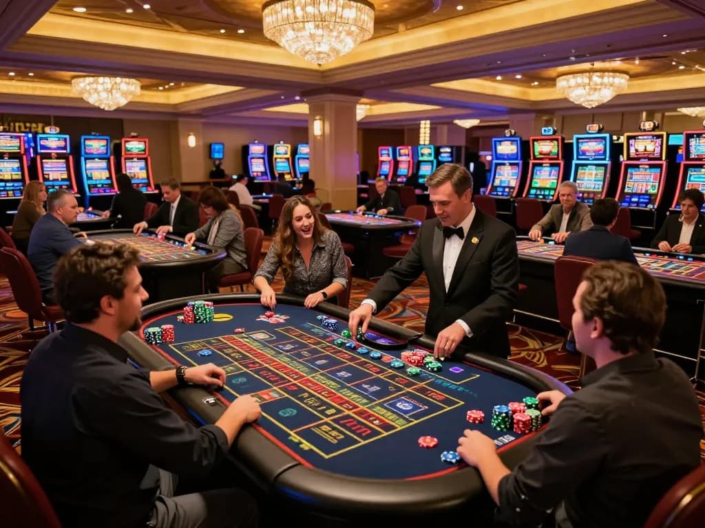 Players engaging in thrilling roulette gameplay at https://qtr88.com/ with vibrant casino lights and dynamic atmosphere.