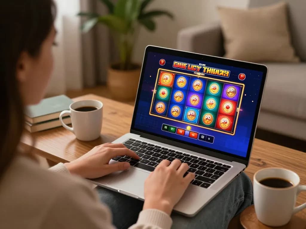 EE88 player enjoying online slots on a laptop, with a cozy home atmosphere and engaging graphics.