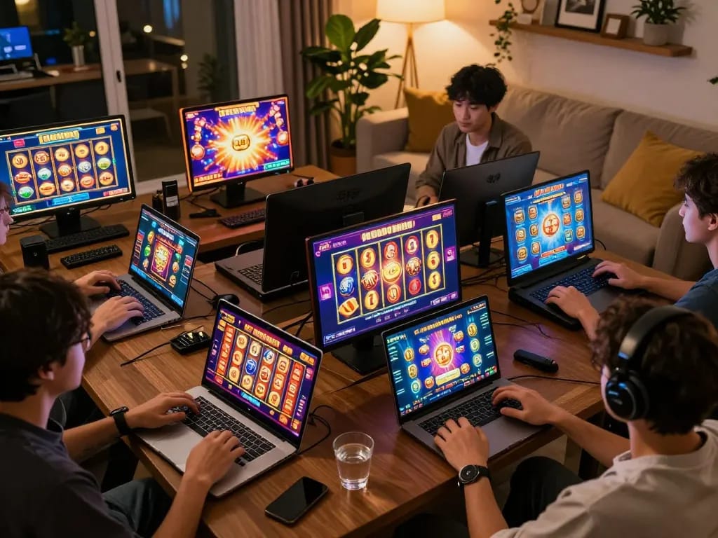 Pucuk138 players enjoying engaging online slots gameplay on laptops and tablets in a cozy home atmosphere.