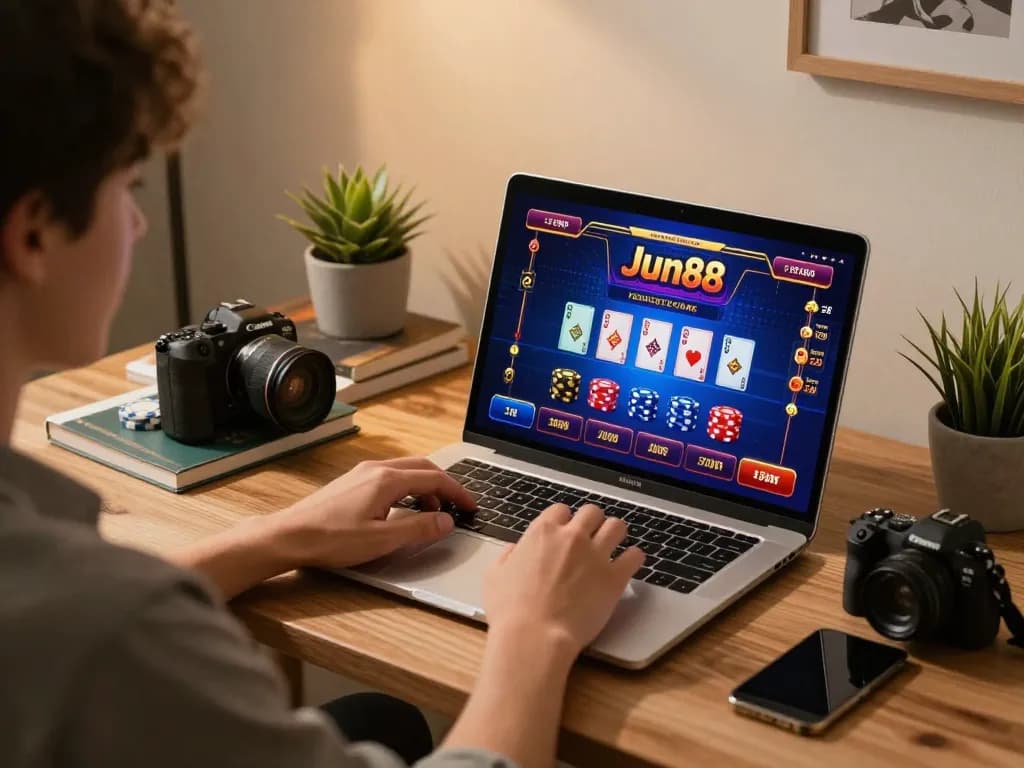 Engaging in online gaming at home with Jun88, showcasing vibrant casino interface and comfortable atmosphere.