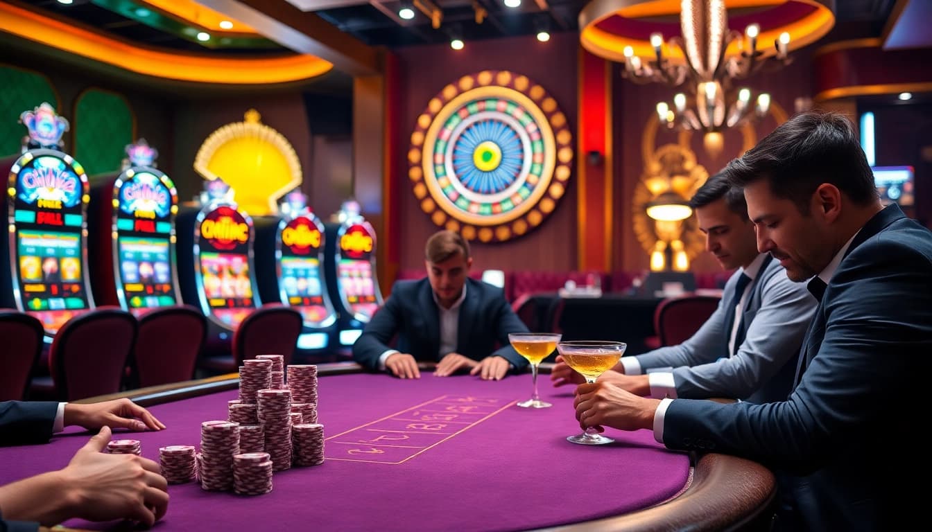 KJC poker players enjoying a high-stakes game at a luxurious casino table filled with vibrant colors.