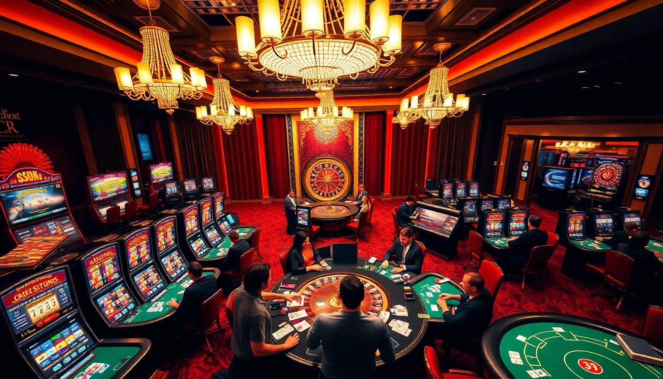 Experience high-stakes excitement at luck8 with glamorous casino gaming tables and vibrant slot machines.