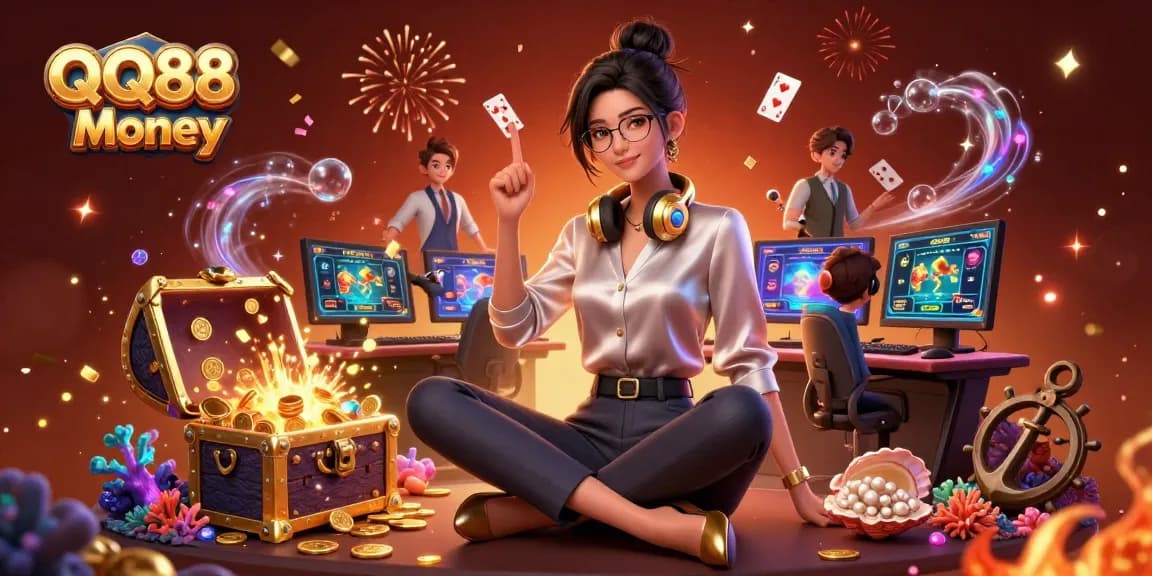 Experience exciting gaming with QQ88 Money as gold coins cascade around a high-tech gaming setup
