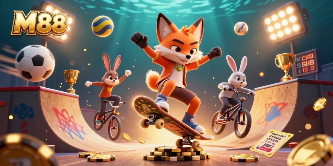 M88 offers exciting gameplay with a skateboarder fox and BMX rabbit in a vibrant casino scene featuring sports balls.
