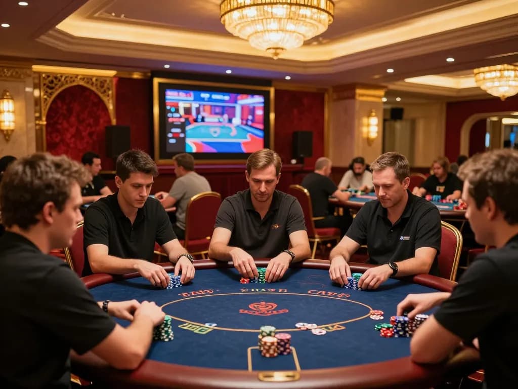Players engaged in competitive poker at 789betgo's luxurious casino, showcasing vibrant atmosphere and strategic gameplay.