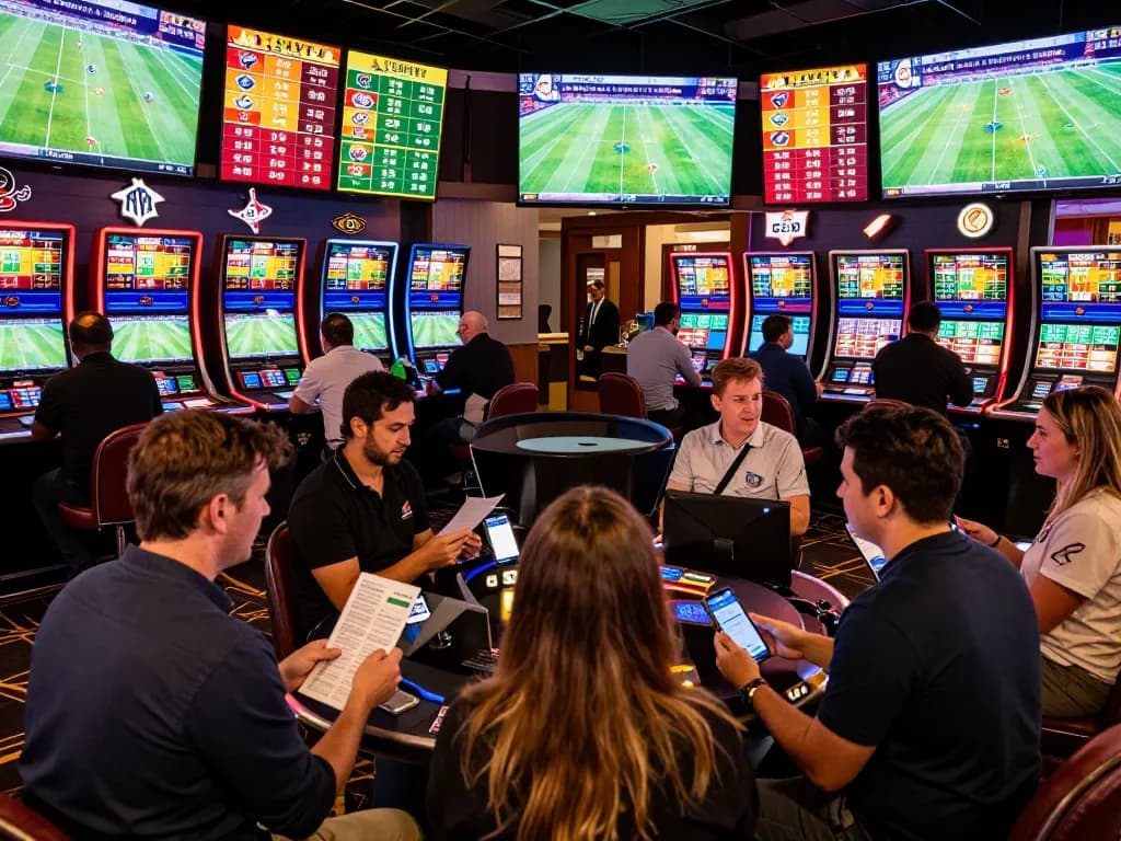 Engaged gamblers evaluating scores on NOWGOAL app in a lively sports betting area with screens showing live matches.