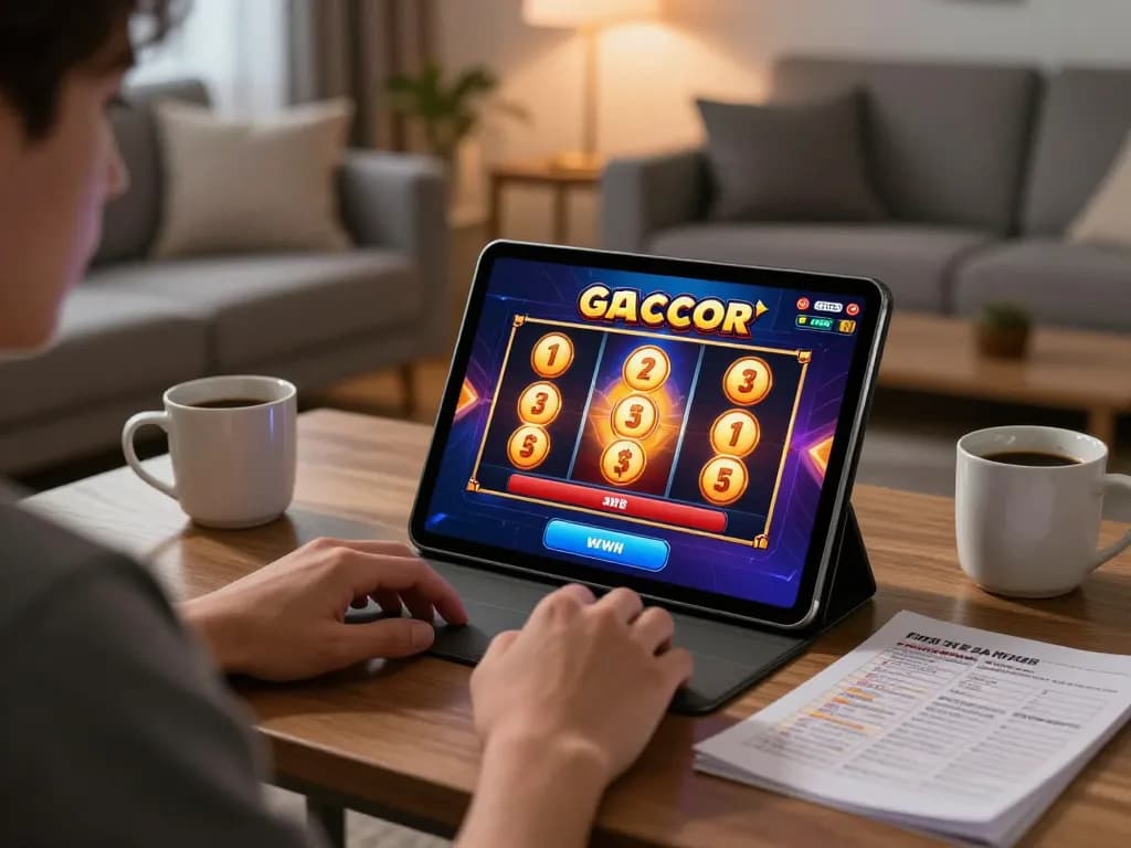 Player enjoying slot gacor with winnings displayed on tablet in cozy home setting.