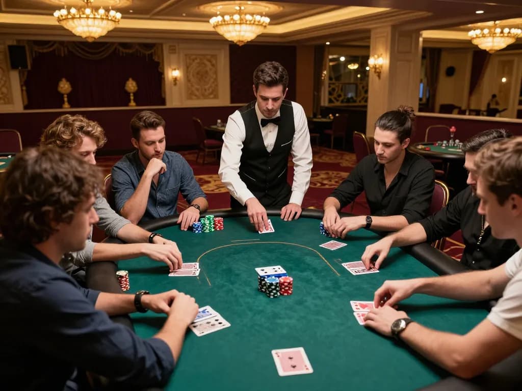 A high-stakes poker game at QH88go casino, players engaged with cards and chips in a luxurious atmosphere.