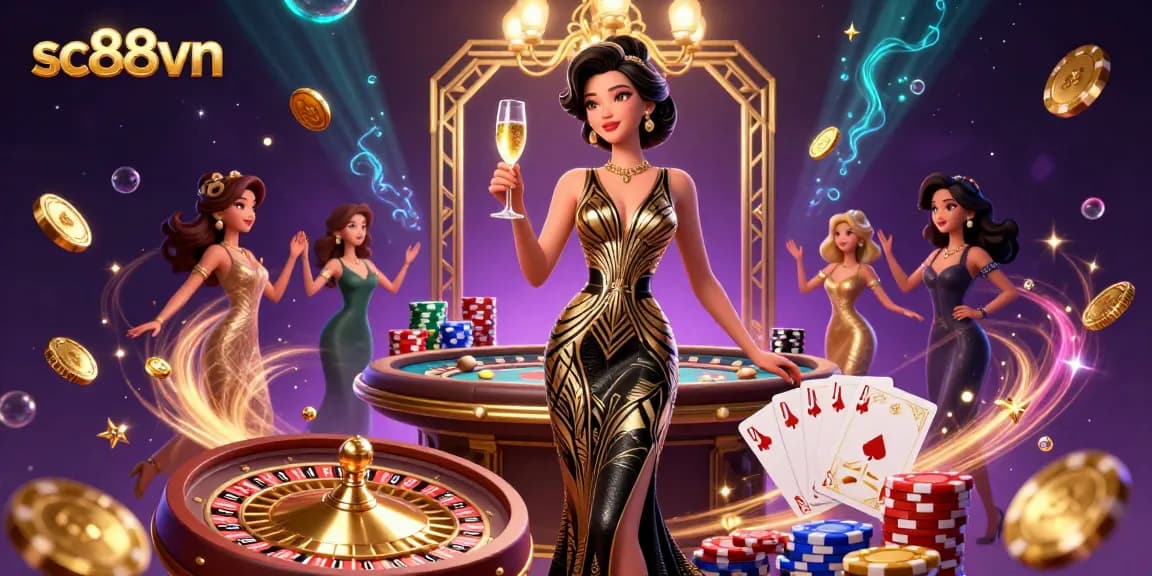 Experience the thrill of casino gaming with sc88vn, showcasing an elegant woman amidst sparkling coins and vibrant game elements.