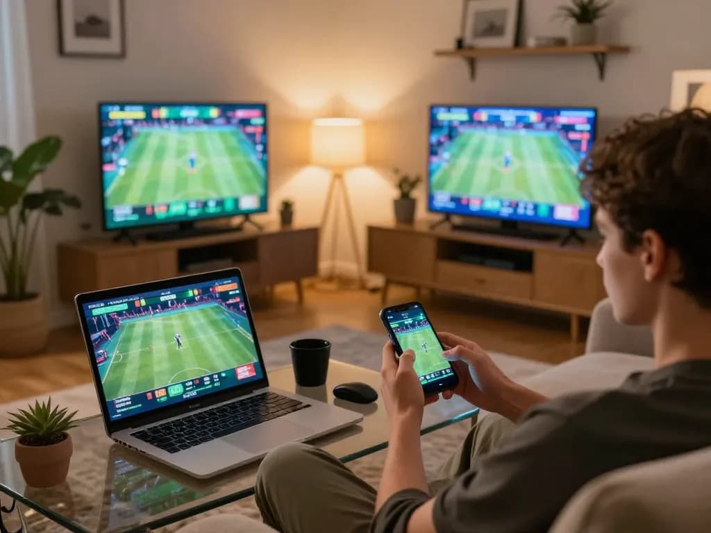 Okwintv user enthusiastically placing bets on sports events using smartphone and laptop in a cozy living room setting