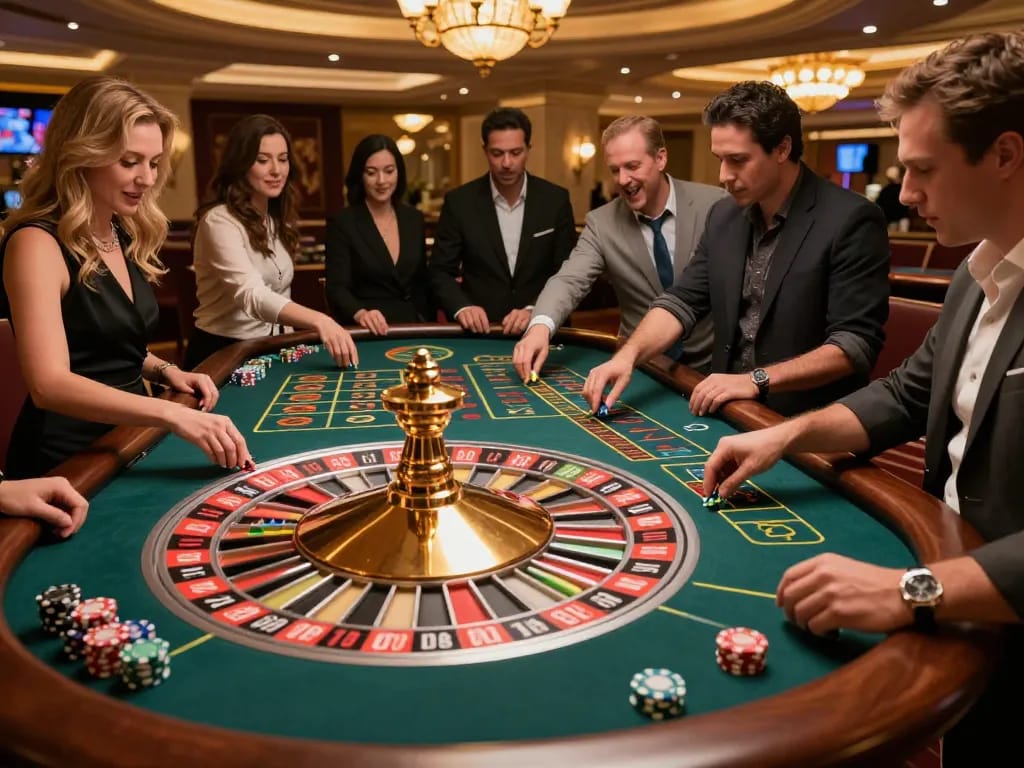 Players at a roulette table experiencing the excitement of betting S666 in a luxurious casino setting
