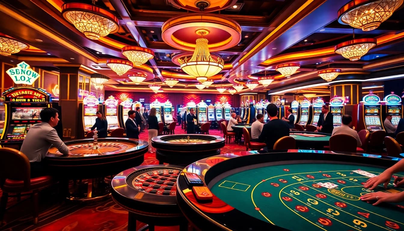 Engage in an exciting casino atmosphere with 'sun win' and lively players at poker tables.