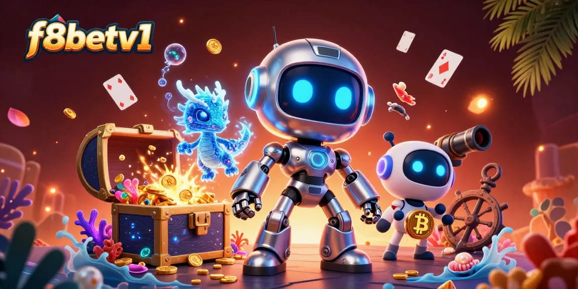 Experience thrilling wins at f8betv1 with a vibrant 3D casino adventure illustration showcasing unique characters and game elements.