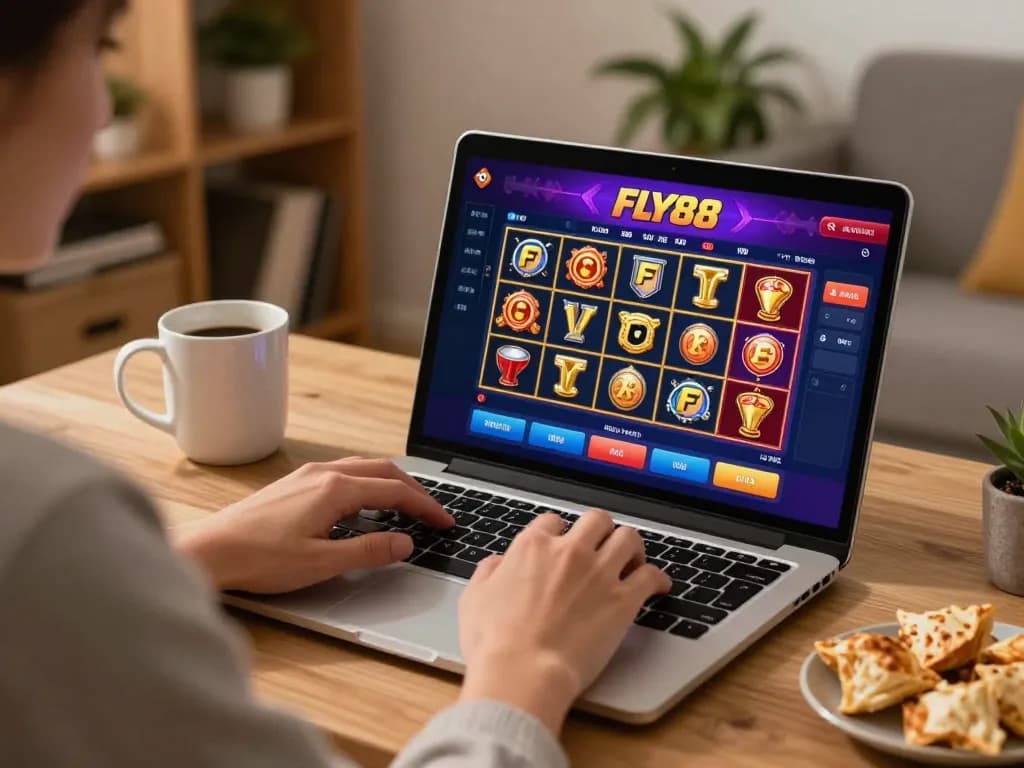 Engaging with FLY88 online casino platform, featuring vibrant games on a laptop.