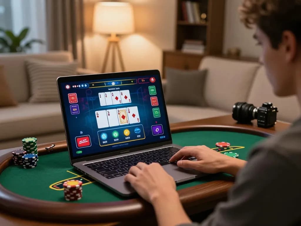Player strategizing on 888VND blackjack game from a cozy living room.