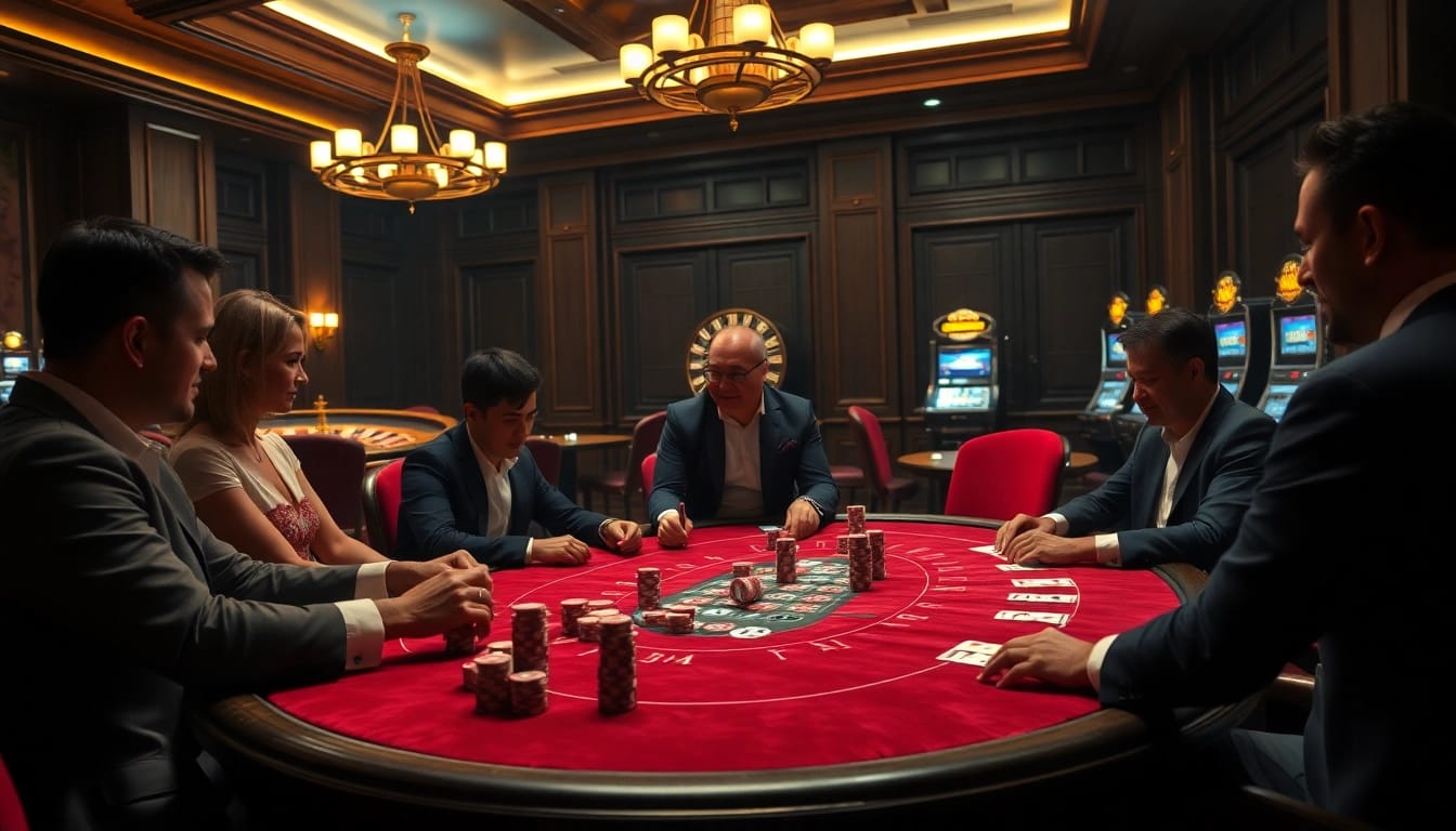 Players engage in a high-stakes poker game at a luxury casino, reminiscent of the hidden wiki.