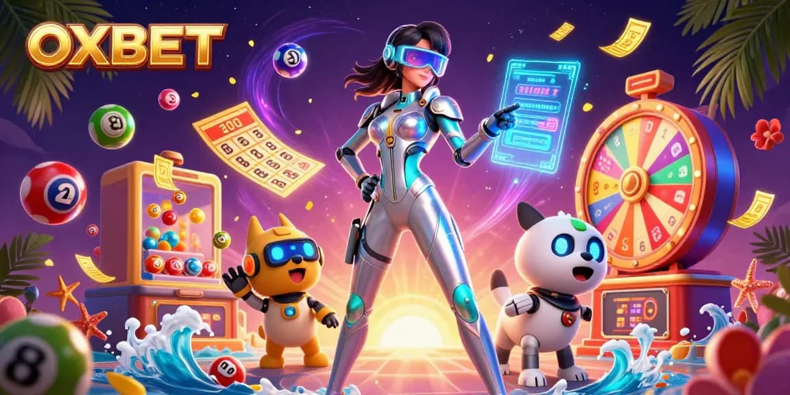 Experience exciting games and prizes at OXBET with vibrant visuals of casino elements.