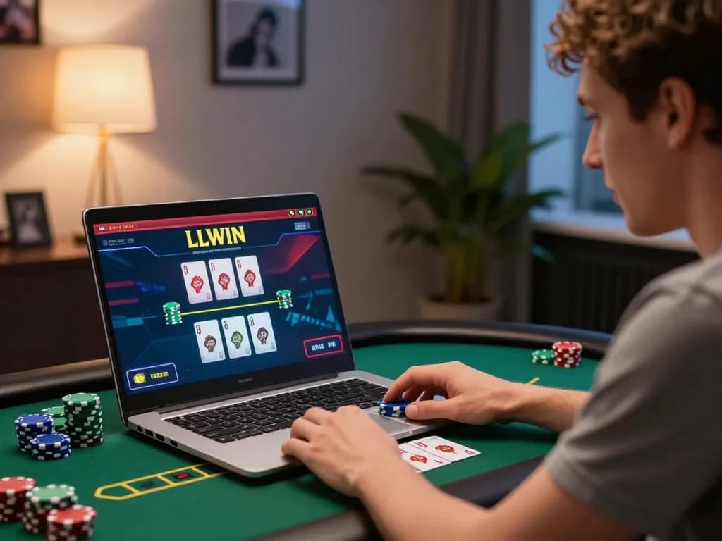 LLWIN player engaging in an exciting online poker game with vibrant graphics on laptop screen.