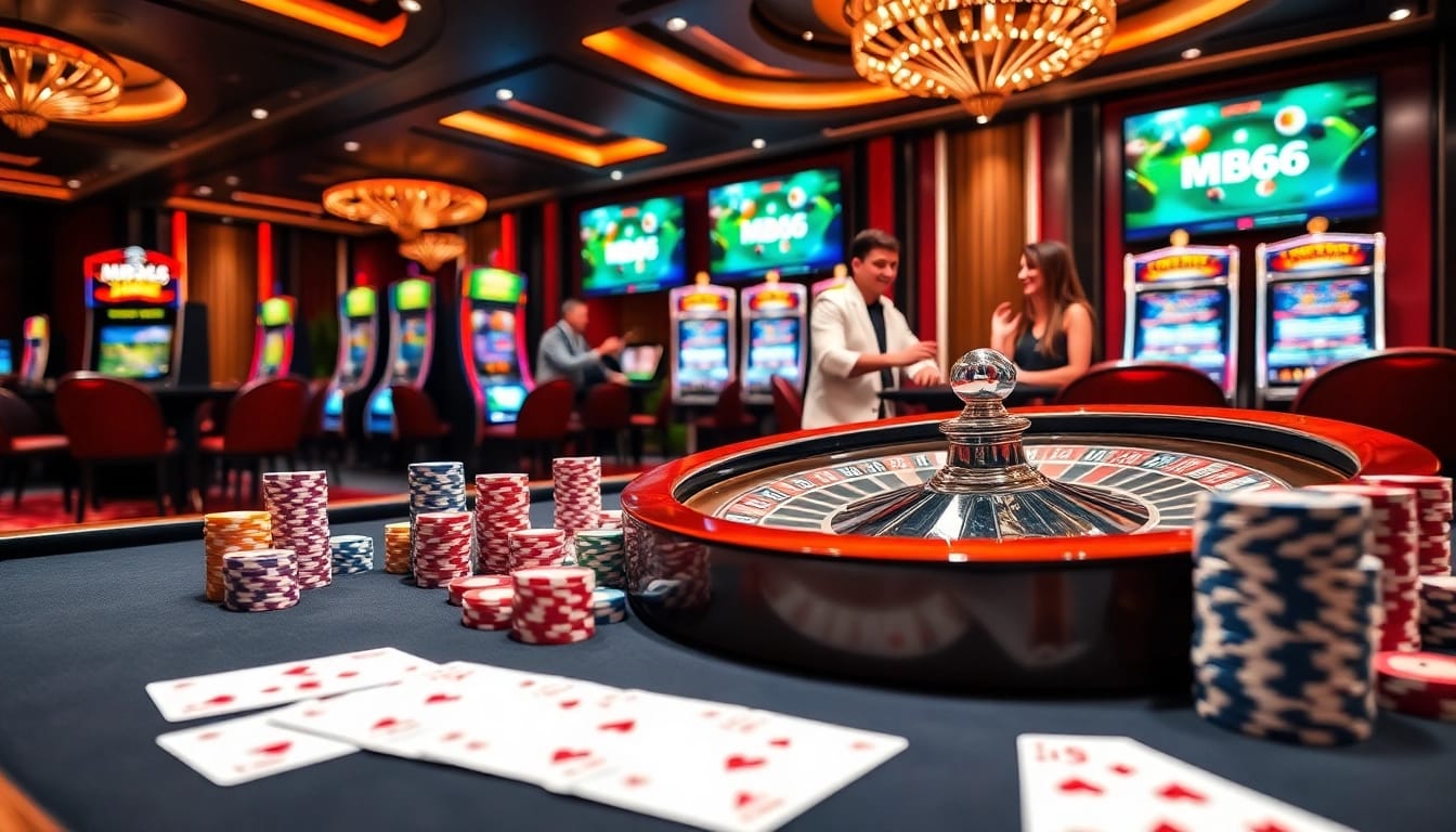 Winning at MB66 with vibrant casino elements like roulette, poker chips, and cards.
