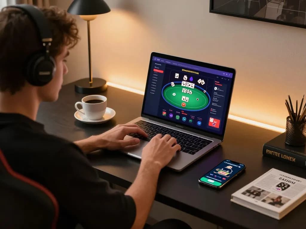 Engaging in strategic online poker at home with 79 king gaming interface visible on laptop.