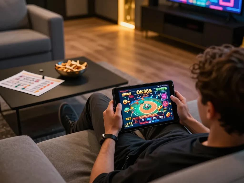 Engaging scene of a user playing OK365 on a tablet in a cozy home setting