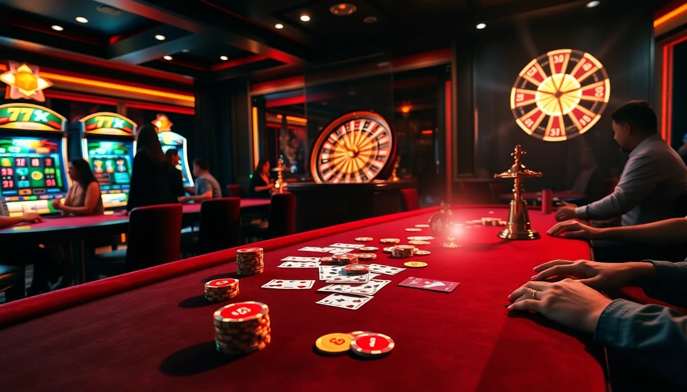 Experience thrilling gambling excitement at 777X with vibrant casino tables and spinning roulette wheels.