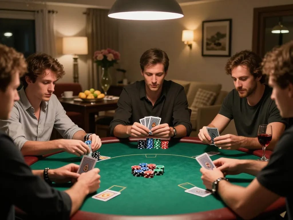 Players strategizing in a high-stakes game of poker at home, showcasing DA88 excitement and friendship.