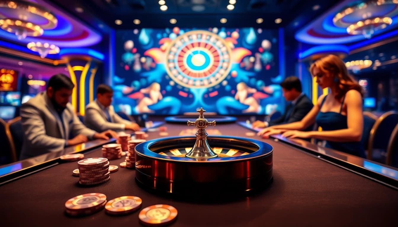 Experience the thrill at DV88 with energetic gamblers at a casino table surrounded by vibrant gaming elements.