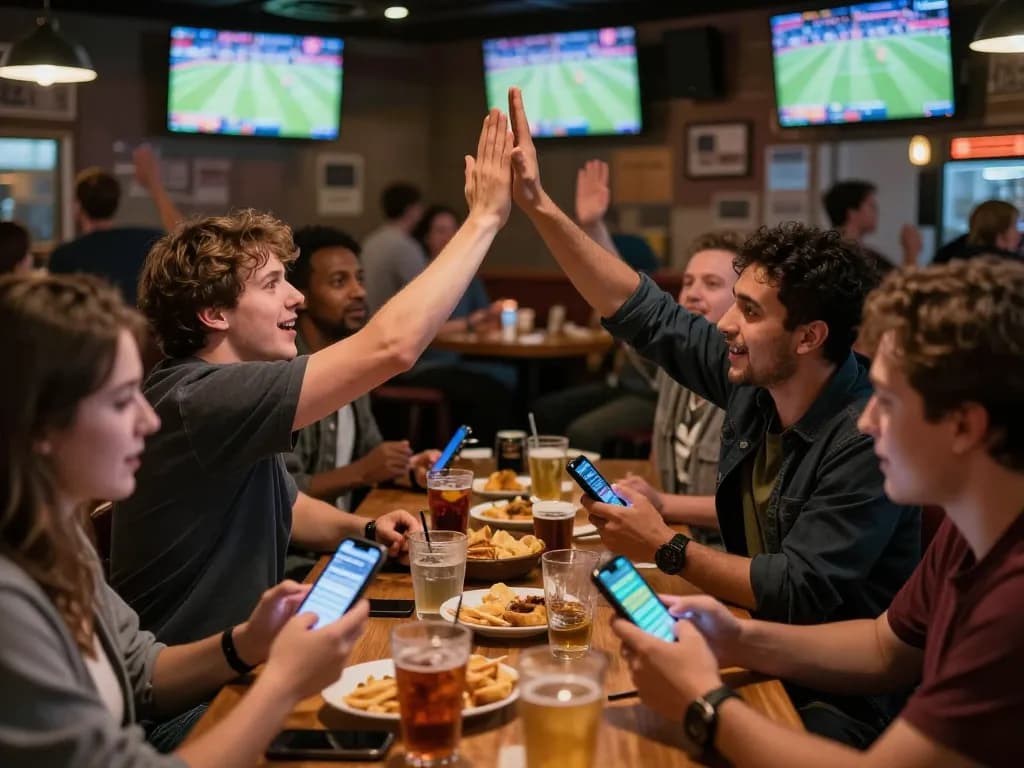 Engaged sports fans check sports betting apps for Nhận định kèo during live games