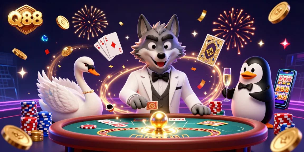 Experience exciting Q88 gaming at a lavish baccarat table with unique cartoon characters and vibrant elements.