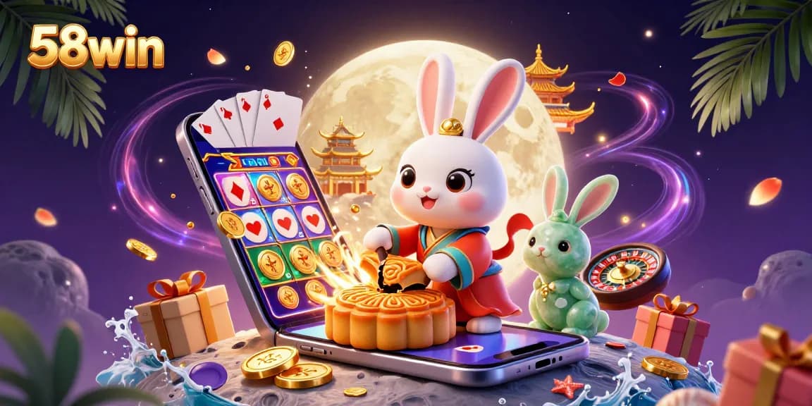Engage in exciting gambling at 58win with an enchanting scene of a moon rabbit and game elements.