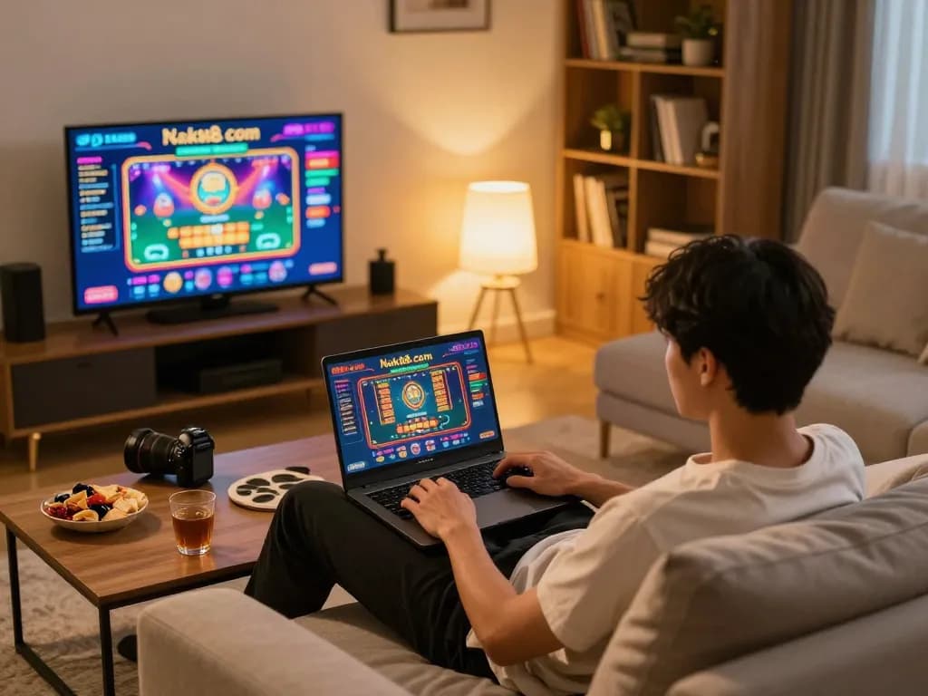 Player enjoying casino games on nk88 com from a cozy home setting, illuminated laptop screen showcasing vibrant casino graphics.
